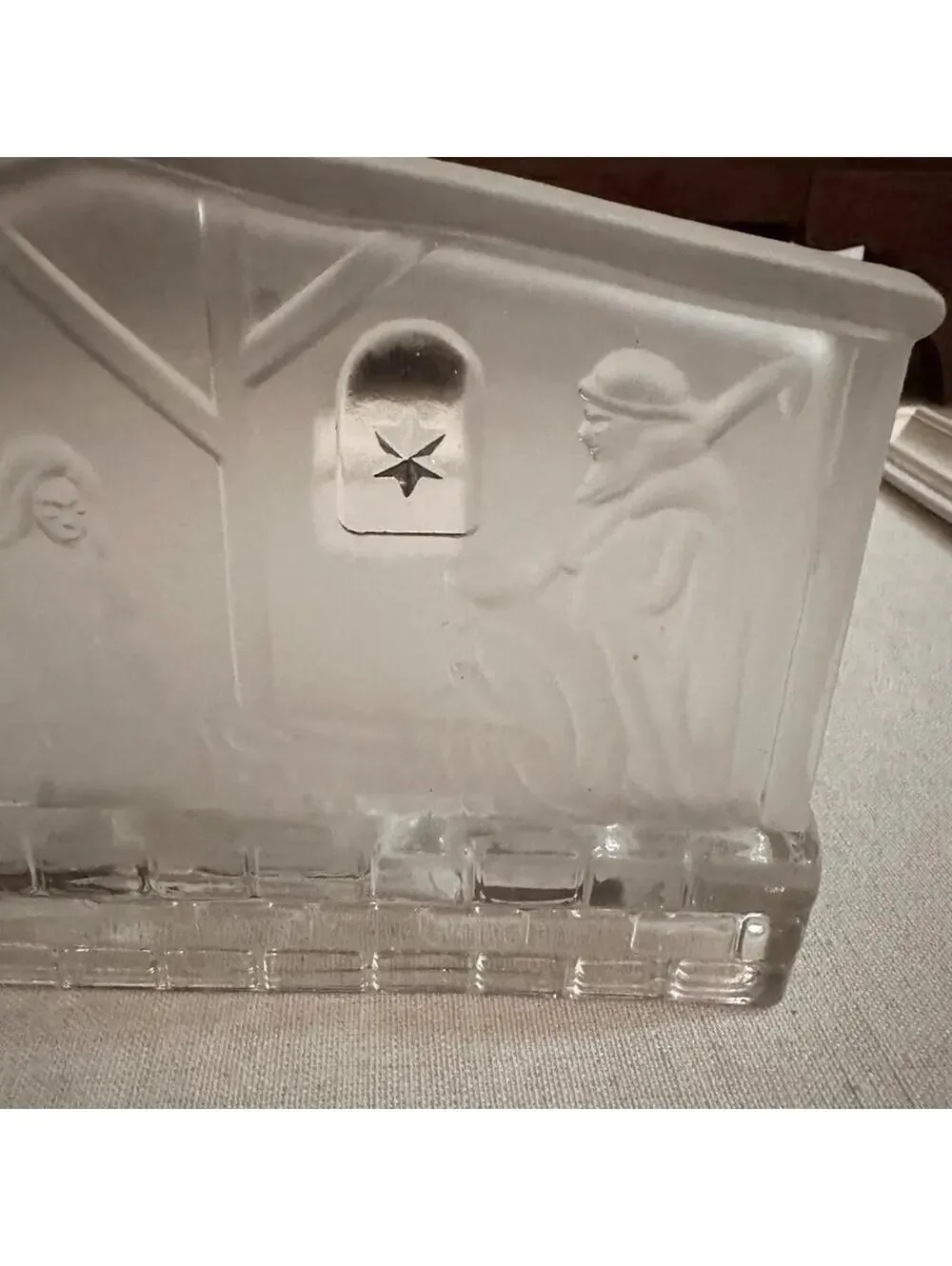 Vintage All the Trimmings embossed crystal nativity scene w silver star.